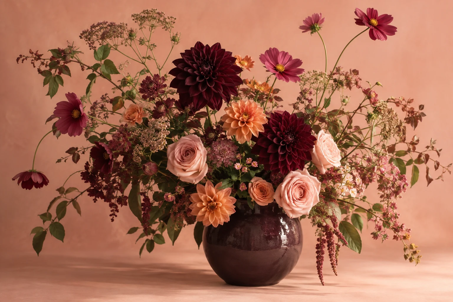 Blumenarrangement mit burgunderroten Dahlien und rosa und apricotfarbenen Blüten