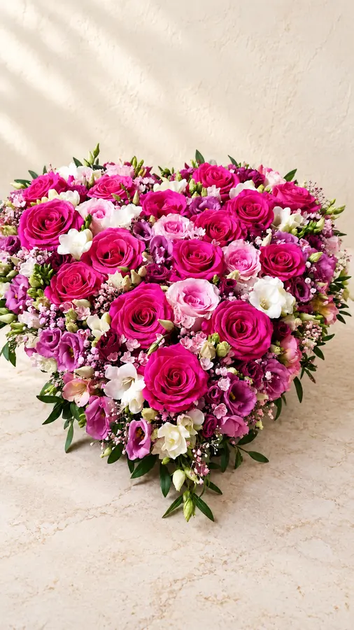Großes herzförmiges Blumenarrangement in Pink, Rosa, Violett und Weiß