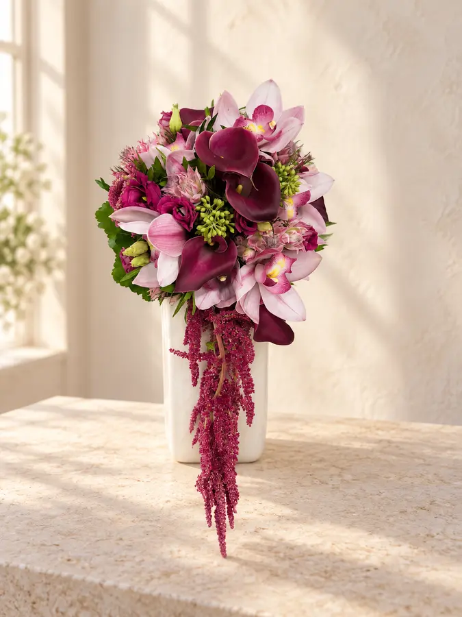 Eleganter Brautstrauß mit violetten Callas und Orchideen