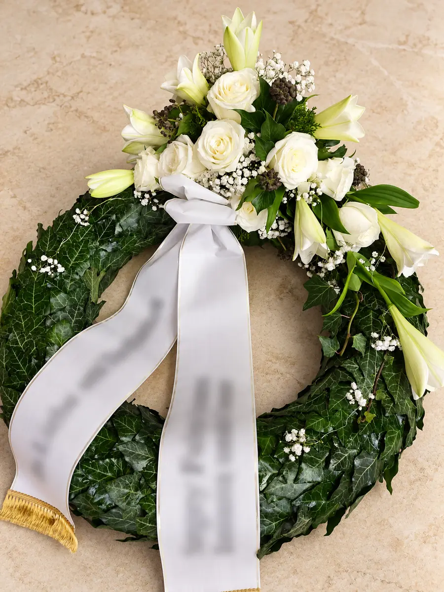 Trauerkranz mit weißen Lilien und Rosen