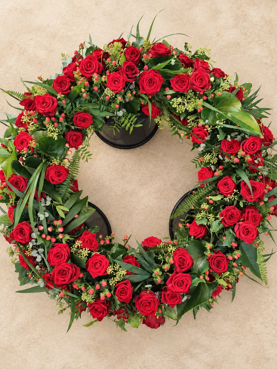Mehrere üppige Trauerkränze aus roten Rosen