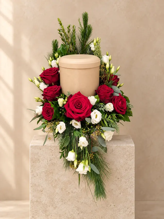 Urnenschmuck mit roten Rosen, weißen Blüten und langem Grün